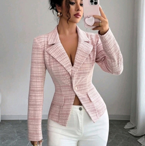 Elegant Romantic Plaid Fabric Waist Fitted Long Sleeve Women's Blazer Jacket - Picture 1 of 4